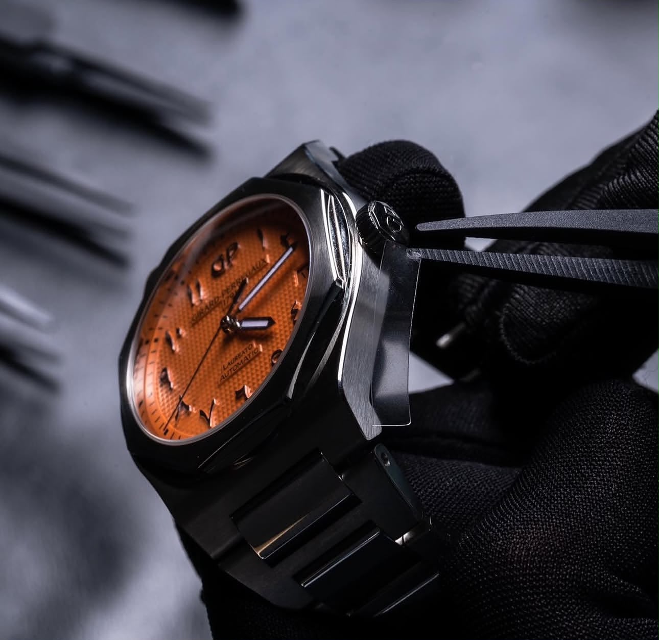 Protection film precision work on a watch case